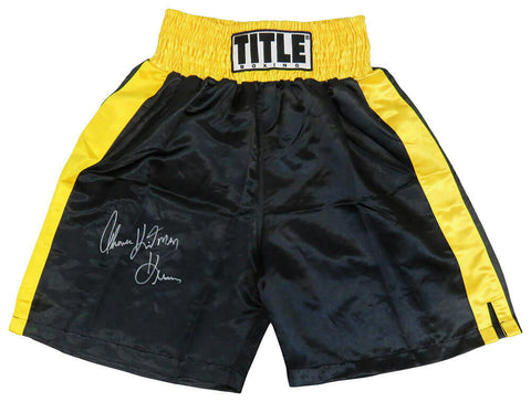 Thomas Hearns Signed Title Black & Yellow Boxing Trunks w/Hitman (SCHWARTZ COA)
