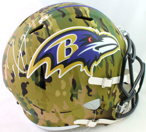 Ray Lewis Autographed Ravens F/S Camo Helmet- Beckett Witness *White