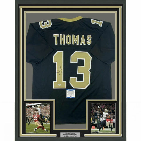 FRAMED Autographed/Signed MICHAEL THOMAS 33x42 New Orleans Black Jersey BAS COA