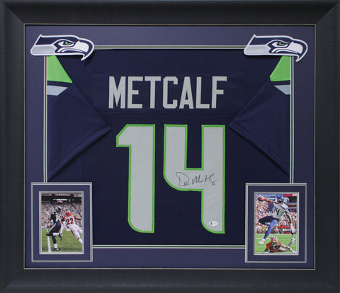 DK Metcalf Authentic Signed Navy Blue Pro Style Framed Jersey BAS Witnessed