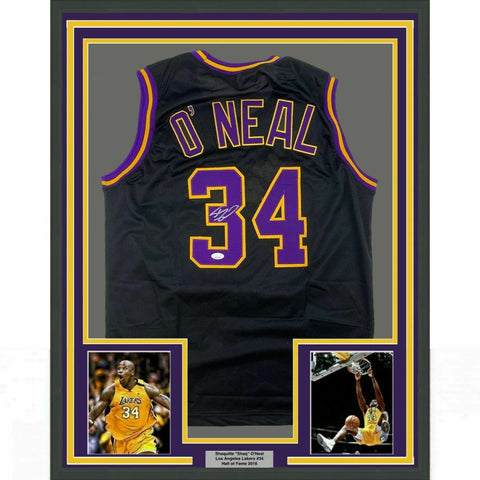 Framed Autographed/Signed Shaquille Shaq O'Neal 33x42 LA Black Jersey JSA COA