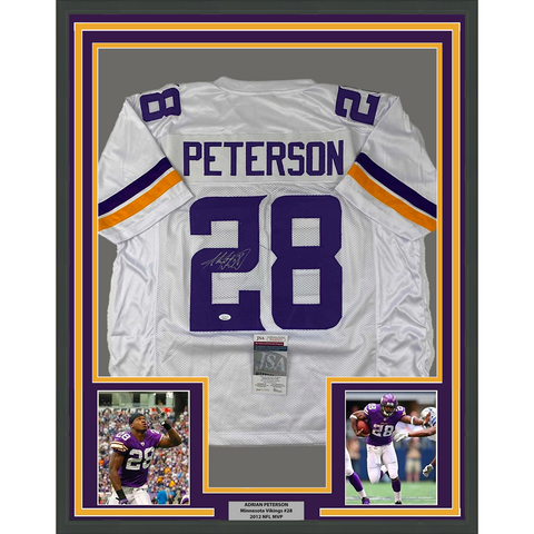 Framed Autographed/Signed Adrian Peterson 33x42 Minnesota White Football Jersey