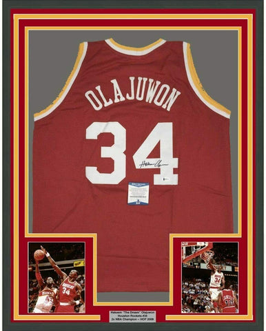 Framed Autographed/Signed Hakeem Olajuwon 33x42 Houston Red Jersey BAS COA