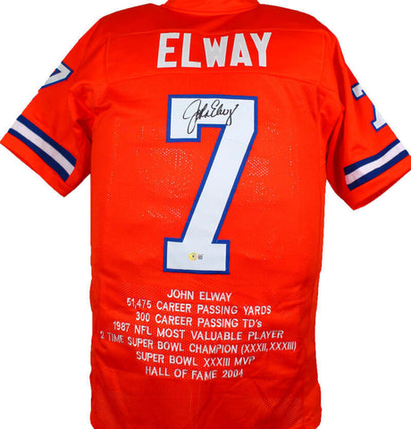 John Elway Autographed Orange Pro Style STAT Jersey #2- Beckett W Hologram *Blac