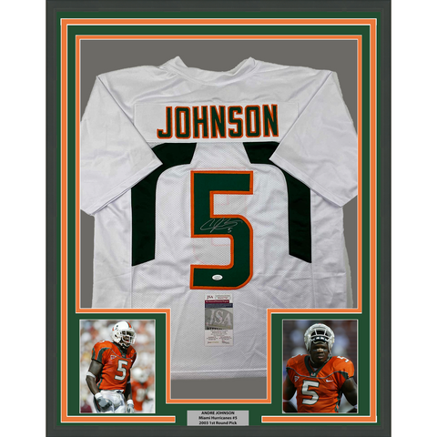 Framed Autographed/Signed Andre Johnson 33x42 Miami White College Jersey JSA COA
