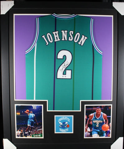 LARRY JOHNSON (Hornets teal TOWER) Signed Autographed Framed Jersey PSA