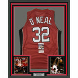FRAMED Autographed/Signed SHAQUILLE SHAQ O'NEAL 33x42 Miami Red Jersey JSA COA