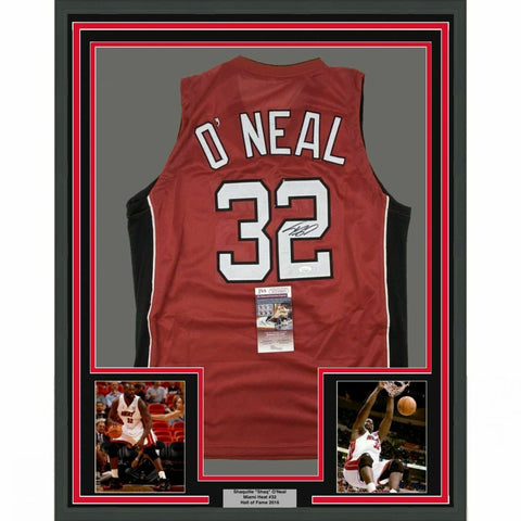 FRAMED Autographed/Signed SHAQUILLE SHAQ O'NEAL 33x42 Miami Red Jersey JSA COA