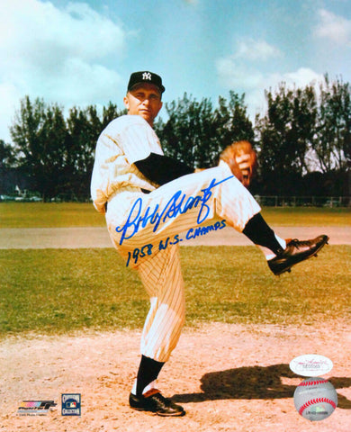 Bobby Shantz Autographed New York Yankees 8x10 Pitching Photo w/ 1958- JSA *Blue