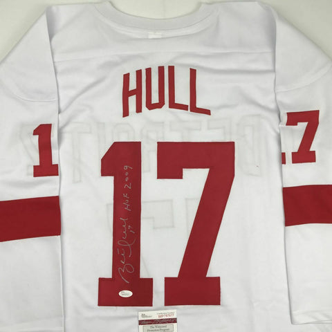 Autographed/Signed BRETT HULL HOF 2009 Detroit White Hockey Jersey JSA COA Auto