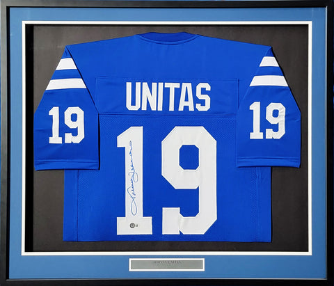 Indianapolis Colts Johnny Unitas Autographed Framed Blue Jersey Beckett #AB72734