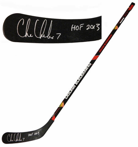 CHRIS CHELIOS Signed Blackhawks Logo Full-Size Hockey Stick w/HOF 2013 -SCHWARTZ