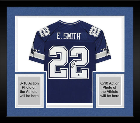 Framed Emmitt Smith Dallas Cowboys Signed Navy Mitchell & Ness Auth Jersey
