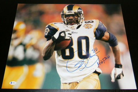ISAAC BRUCE SIGNED AUTOGRAPHED ST LOUIS RAMS 16x20 PHOTO BECKETT W/ HOF 20