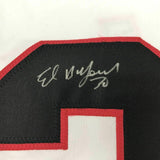 FRAMED Autographed/Signed ED BELFOUR 33x42 Chicago White Hockey Jersey JSA COA