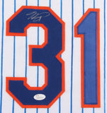 Mike Piazza Signed New York Mets 35x43 Framed Pinstriped Jersey (JSA COA)