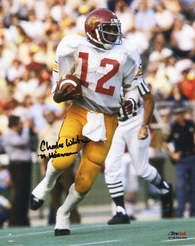 Charles White Signed USC White Jersey Action 8x10 w/79 Heisman (In Black) SS COA