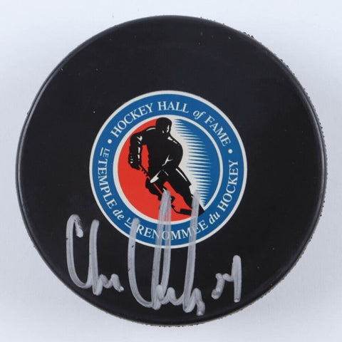 Chris Chelios Signed Hockey Hall o Fame Logo Puck (JSA COA) Blackhawks, Redwings