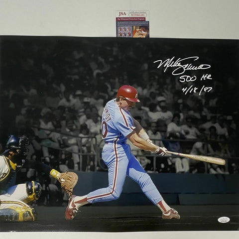 Autographed/Signed MIKE SCHMIDT 500th HR Inscribed Phillies 16x20 Photo JSA COA