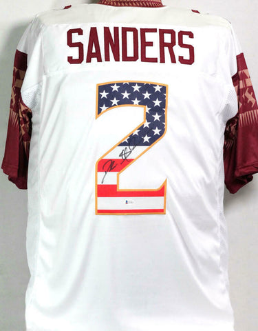 Deion Sanders Signed White College Style Jersey w/ Flag Numbers - Beckett W Auth