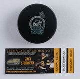 Jack Studnicka Signed Bruins Logo Hockey Puck Inscribed "1st NHL Goal 1-21-21"