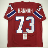 Autographed/Signed JOHN HANNAH HOF 91 New England Red Football Jersey JSA COA