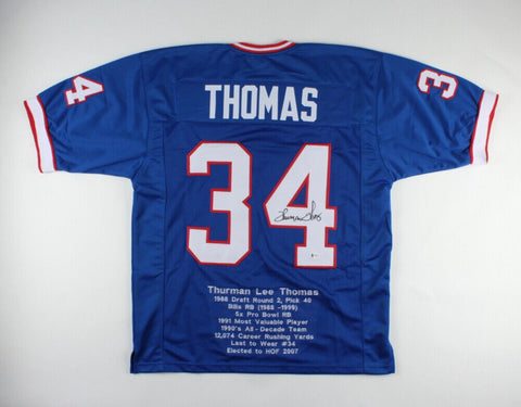 Thurman Thomas Signed Buffalo Bills Career Highlight Stat Jersey (Beckett)