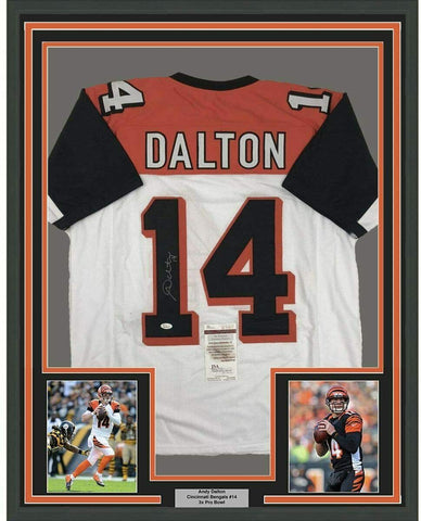 Framed Autographed/Signed Andy Dalton 33x42 Cincinnati White Football Jersey JSA