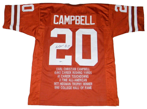 EARL CAMPBELL AUTOGRAPHED SIGNED TEXAS LONGHORNS #20 STAT JERSEY BAS W/ HT 77