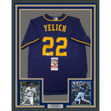 Framed Autographed/Signed Christian Yelich 33x42 Brewers Blue Jersey JSA COA