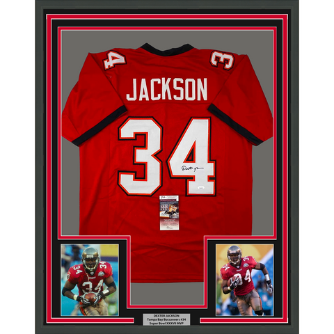 Framed Autographed/Signed Dexter Jackson 33x42 Tampa Bay Red Jersey JSA COA