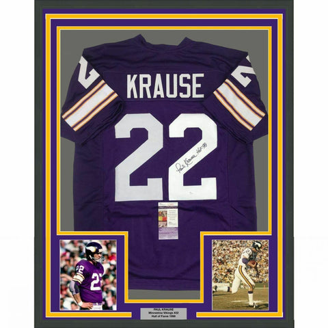 FRAMED Autographed/Signed PAUL KRAUSE HOF 33x42 Minnesota Purple Jersey JSA COA