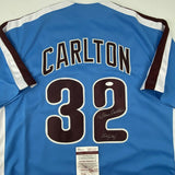 Autographed/Signed STEVE CARLTON Lefty Philadelphia Retro Blue Jersey JSA COA