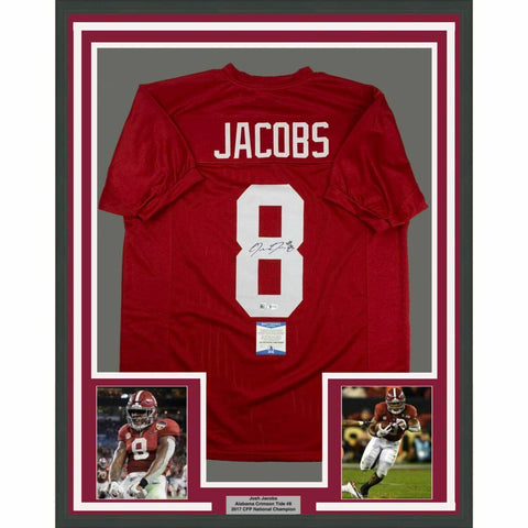 FRAMED Autographed/Signed JOSH JACOBS 33x42 Alabama Red College Jersey BAS COA