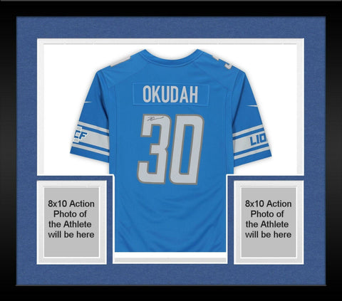 Framed Jeff Okudah Detroit Lions Autographed Blue Nike Game Jersey