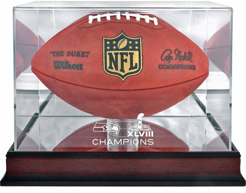 Seahawks Super Bowl XLVIII Champs Mahogany Football Logo Display Case