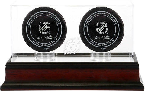 New Jersey Devils Mahogany Two Hockey Puck Logo Display Case