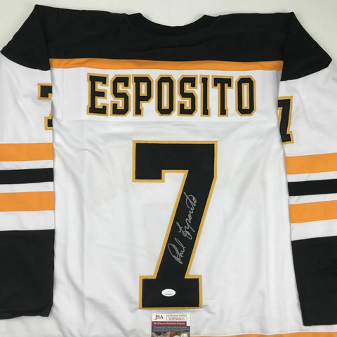 Autographed/Signed PHIL ESPOSITO Boston White Hockey Jersey JSA COA Auto