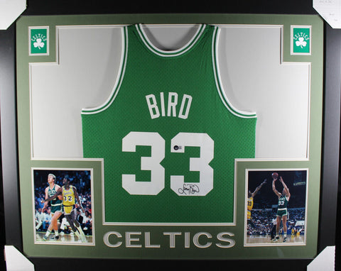 Larry Bird Signed Boston Celtics Framed Mitchell & Ness Green L Jersey BAS 36986
