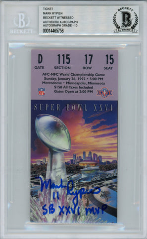 Mark Rypien Autographed Super Bowl XXVI Ticket SB MVP Beckett Slab 38619