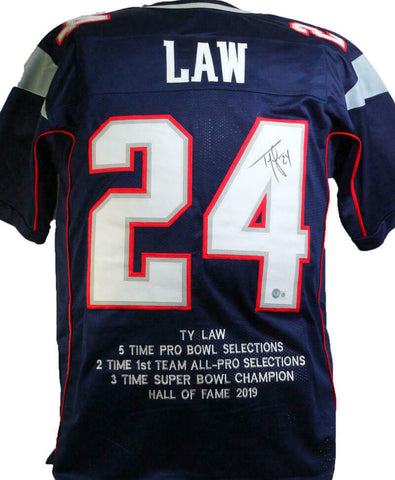 Ty Law Autographed Blue Pro Style STAT Jersey- Beckett W Hologram *Black