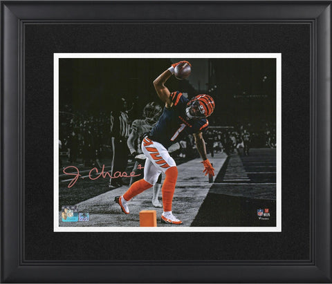 Ja'Marr Chase Bengals Framed Autographed 11x14 Touchdown Spike Spotlight Photo