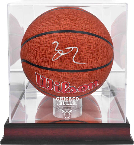 Lonzo Ball Bulls Signed Wilson Team Logo Ball w/Mahogany Logo Display Case