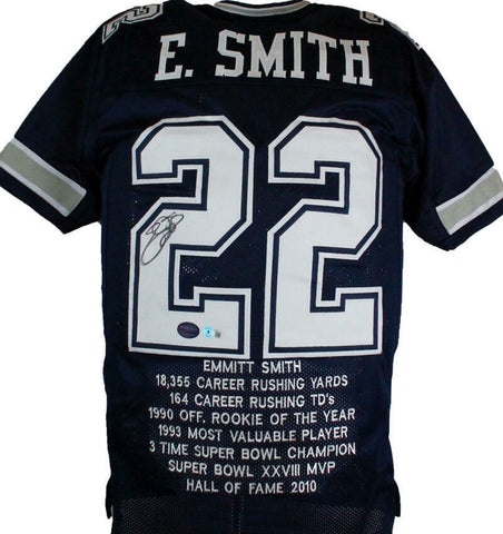 Emmitt Smith Autographed Blue White# Pro Style STAT Jersey- Beckett W Hologram