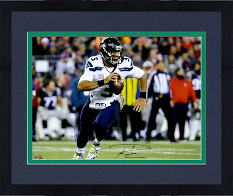Framed Russell Wilson Seattle Seahawks Signed 16x20 White Jersey Run Photo