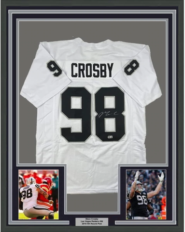 FRAMED Autographed/Signed MAXX CROSBY 33x42 Oakland Las Vegas White Football Jersey