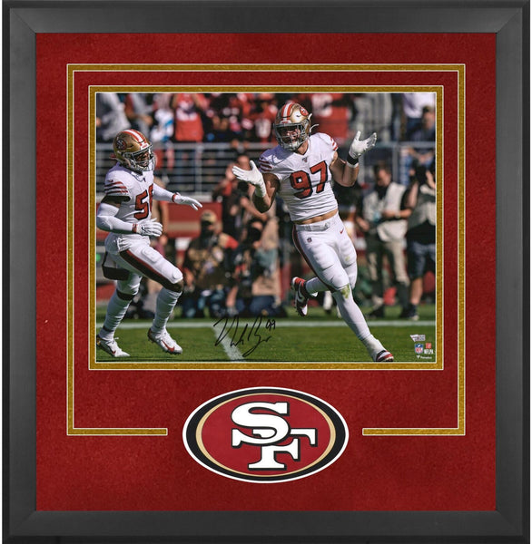Nick Bosa 49ers Deluxe FRMD Signed 16x20 White Jersey Shrug Photograph