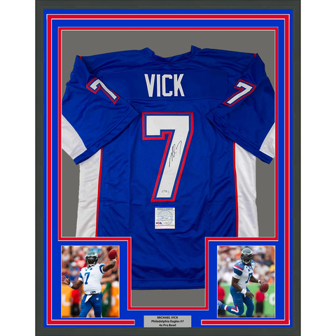 Framed Autographed/Signed Michael Mike Vick 33x42 Pro Bowl Blue Jersey PSA COA