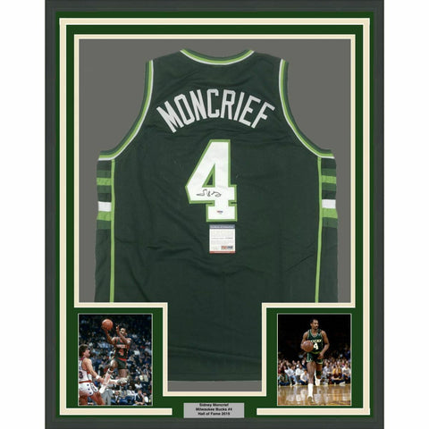 FRAMED Autographed/Signed SIDNEY MONCRIEF 33x42 Green/White Jersey PSA/DNA COA