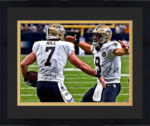 FRMD Drew Brees & Taysom Hill New Orleans Saints Signed 16x20 White Jersey Photo